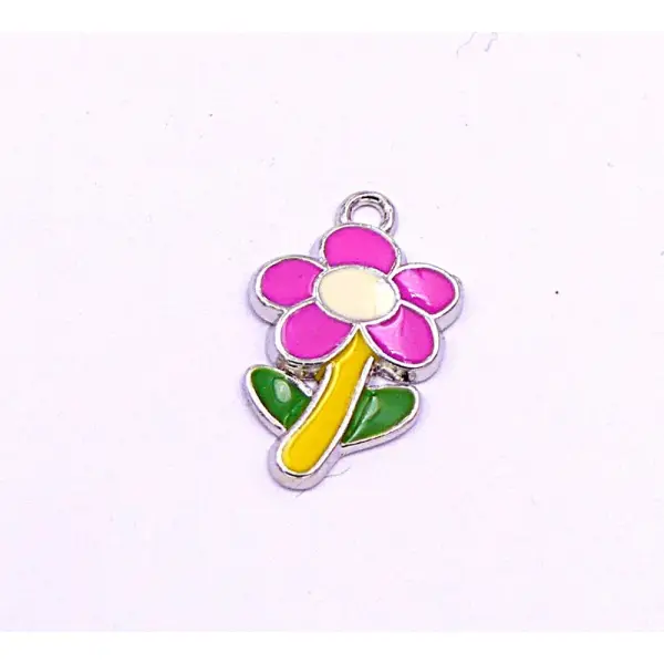 Pendentif métal argenté émaillé, petite fleur rose, pour créations