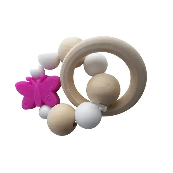 Anneau de dentition blanc et rose papillon inspiration montessori