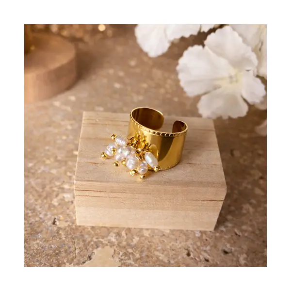 Bague – bague perle ajustable en acier inoxydable doré – bijou mariage femme fait main- imperial pearl