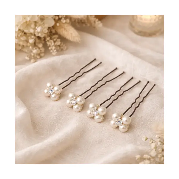 Pics cheveux mariage perles et cristal – idéal chignon bas romantique – fleurs de perles-lot de 4