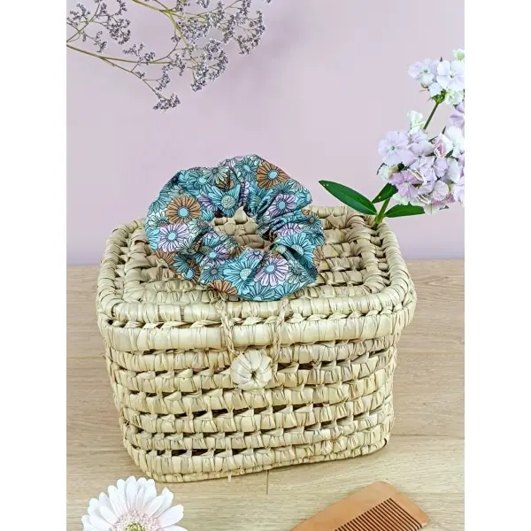 Chouchou cheveux en coton fleuri vert