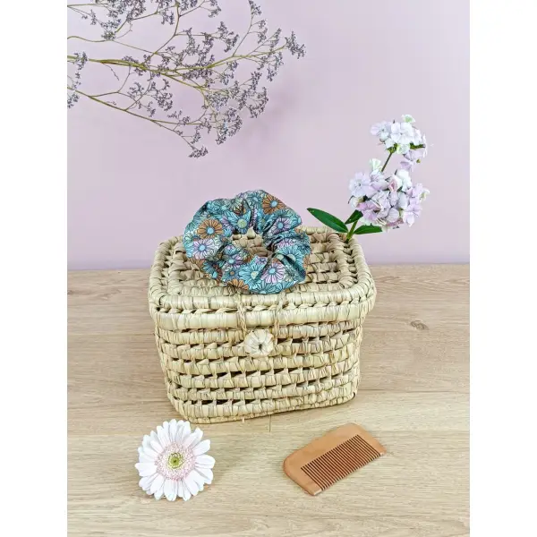 Chouchou cheveux en coton fleuri vert