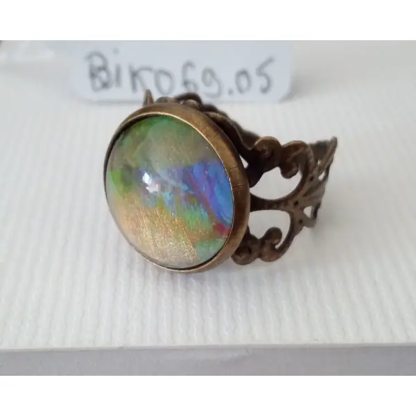 Bague peinture bleu vert or,avec cabochon en verre rond et anneau ajustable art nouveau fleuri,bijou art unique,fait mains en france