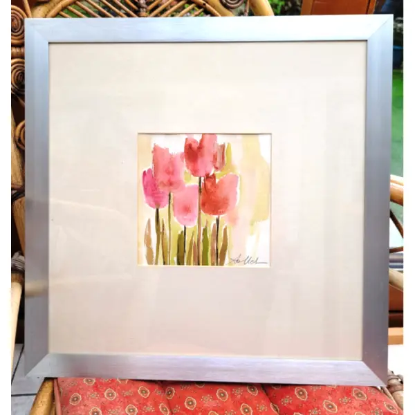 Peinture gouache "tulipes du jardin" sur papier canson, avec cadre aluminium : "jardin secret"