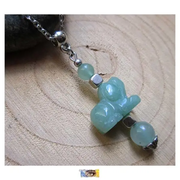 Chaîne pendentif chiot aventurine, "douceur-apaisement-prospérité", pierre naturelle, chaîne lithothérapie, acier