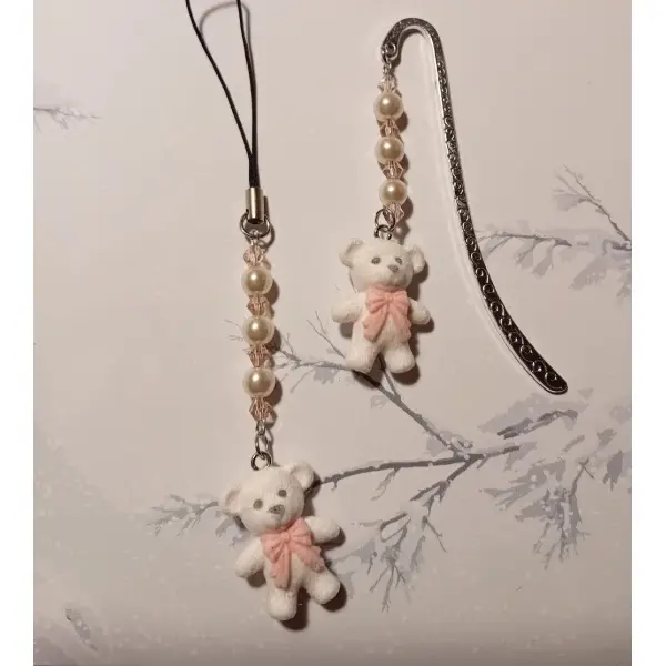 Duo marque-page & bijou de sac "petit ourson blanc"