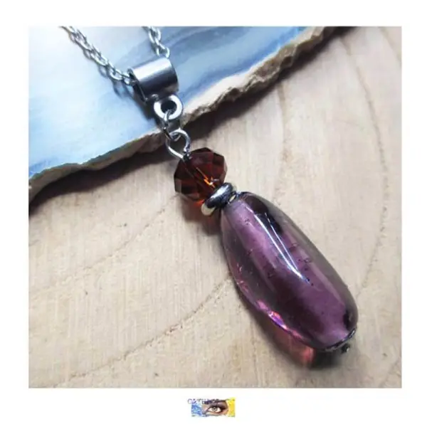 Chaîne pendentif verre prune - acier inoxydable