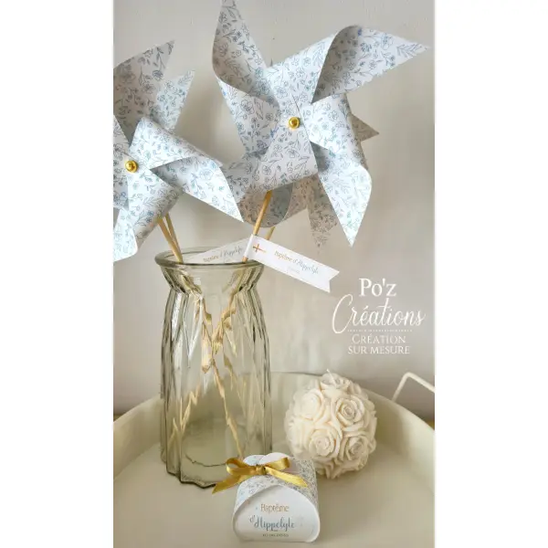 Moulin à vent - collection lou - bleu ciel & or - baptême / communion / mariage