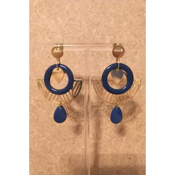 Boucles d'oreilles sequins émaillés bleus et acier inoxydable doré .