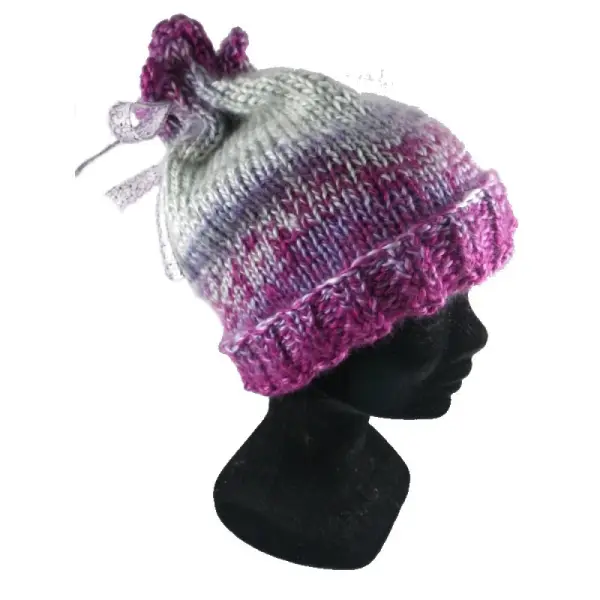 Bonnet chiné rose / gris et son ruban