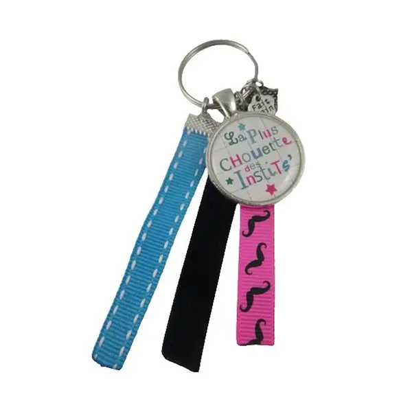 Porte clés bleu, rose et noir "la plus chouette des instits"
