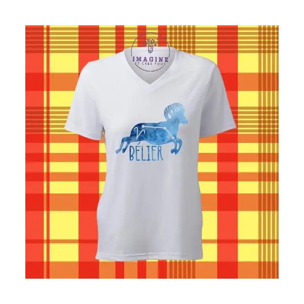-t-shirt personnalisé pour femme - col v - sublimation - impression infusible ink - signe du bélier - astrologie - galaxie - horoscope