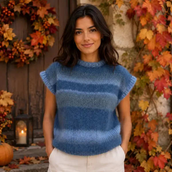Pull femme manches courtes en laine bleue