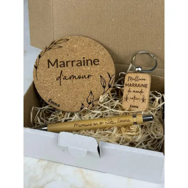Coffret cadeau personnalisé - dessous de verre, stylo, porte-clés - cadeau parrain, marraine, fête des pères, fête des mères