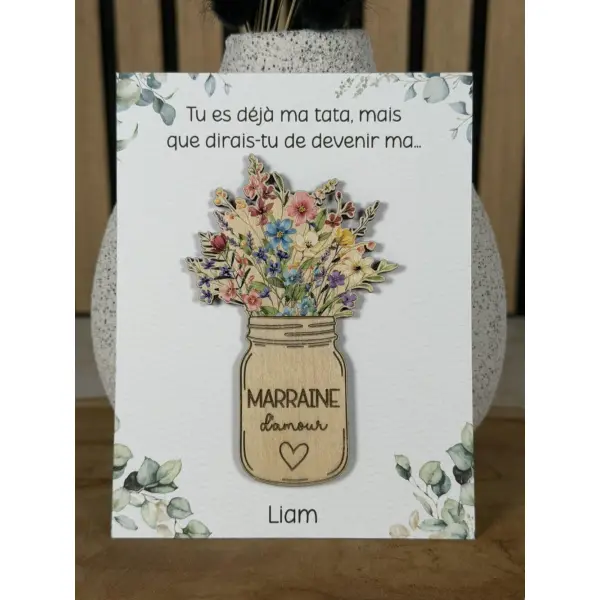 Magnet en bois personnalisé avec carte + enveloppe cadeau - demande surprise parrain marraine - cadeau baptême communion