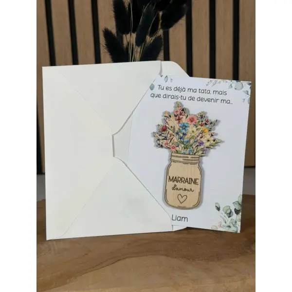 Magnet en bois personnalisé avec carte + enveloppe cadeau - demande surprise parrain marraine - cadeau baptême communion