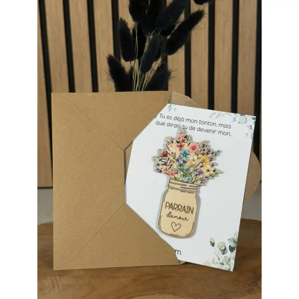 Magnet en bois personnalisé avec carte + enveloppe cadeau - demande surprise parrain marraine - cadeau baptême communion