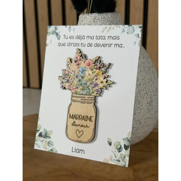 Magnet en bois personnalisé avec carte + enveloppe cadeau - demande surprise parrain marraine - cadeau baptême communion