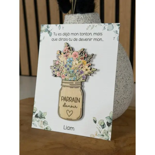 Magnet en bois personnalisé avec carte + enveloppe cadeau - demande surprise parrain marraine - cadeau baptême communion