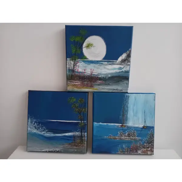Ensemble de trois tableaux marins peint : motif vagues, chute d'eau