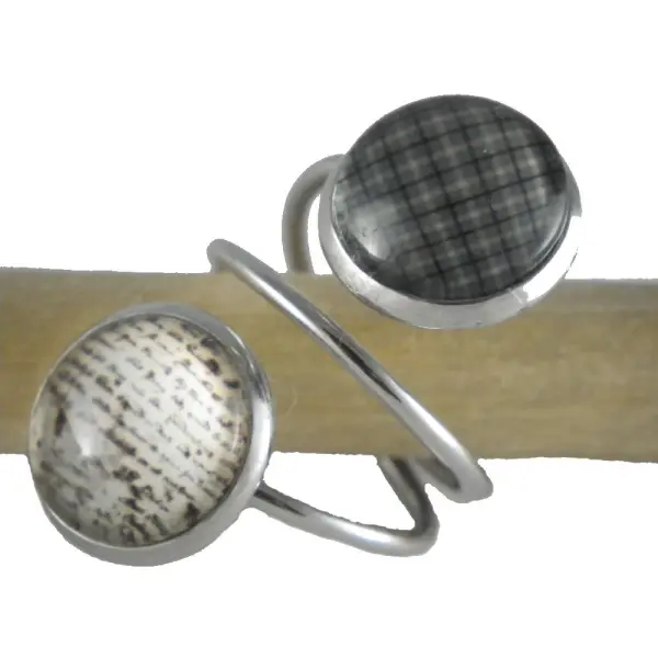 Bague double argentée cabochons gris et beiges