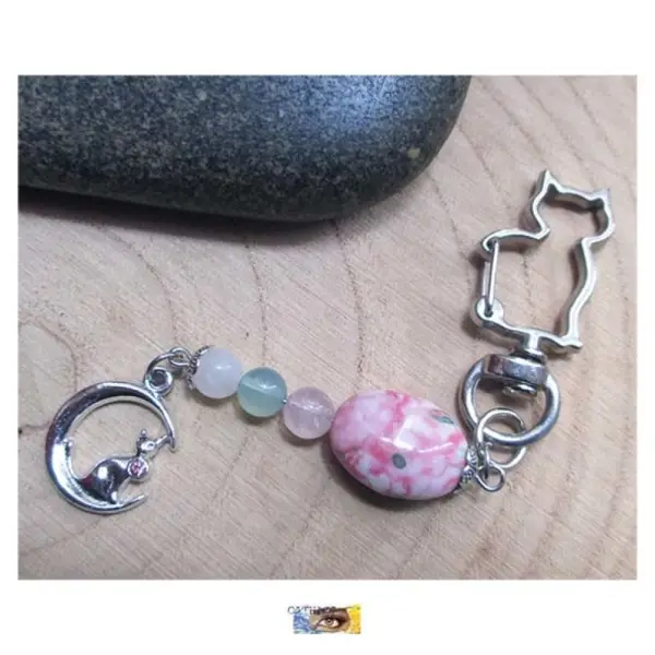 Porte-clés - bijou de sac, voiture - gri-gri - "amour-sérénité" - jaspe océanique, quartz rose, aventurine, agate - acier