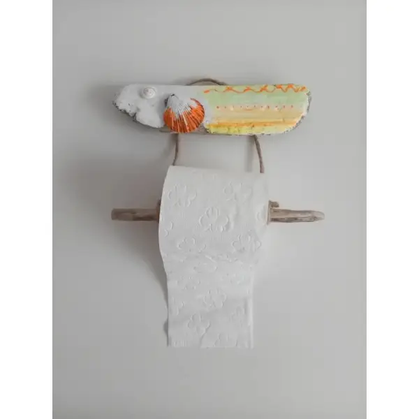Porte papier toilette marin en forme de poisson en bois flotté coloré