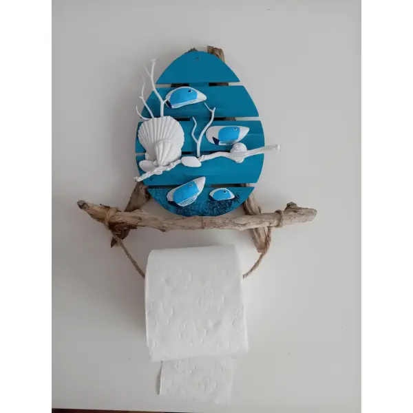 Porte papier toilette motif marin en bois flotté et coquillages peint