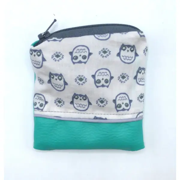 Petit porte monnaie chouettes hiboux gris blanc vert émeraude en coton et simili-cuir
