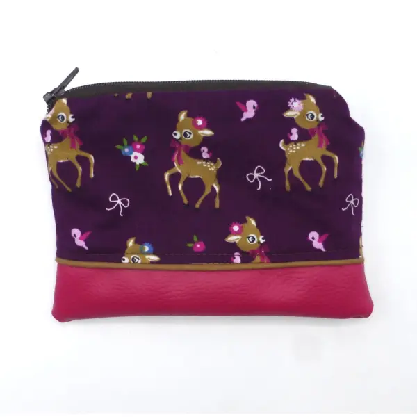 Grand porte monnaie daims faons violet marron rose fuchsia en coton et simili-cuir