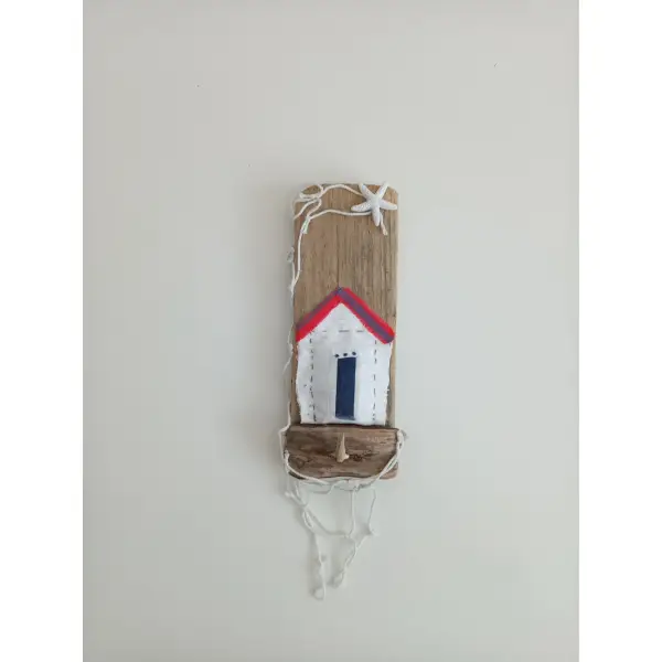 Porte clés mural marin : bois flotté/cabine de plage en tissu