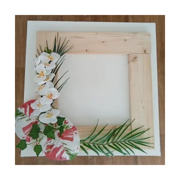 Grand encadrement mural exotique en bois avec bouquet tropical 47x47 cm
