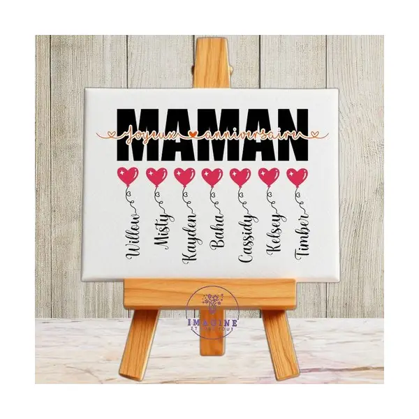 Tableau mural - sublimation - impression infusible ink - toile - canvas - anniversaire - maman - prénoms enfants - ballons - cœurs