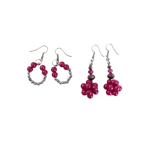 Lot de boucle d'oreille, perles, rose, argentée, femme,