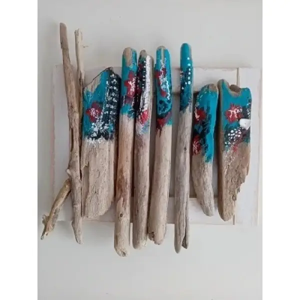 Cadre mural exotique avec grand poisson en bois flotté peint 38x41 cm