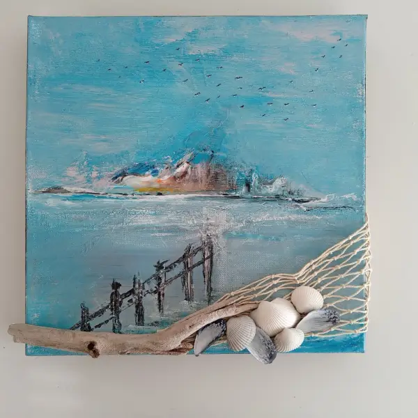 Tableau peint avec paysage marin 29x29 cm