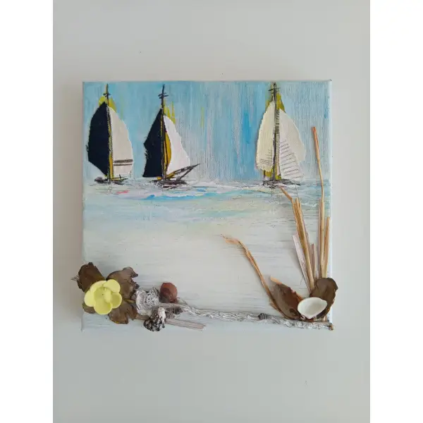 Tableau marin peint avec voiliers en tissu 20x20cm