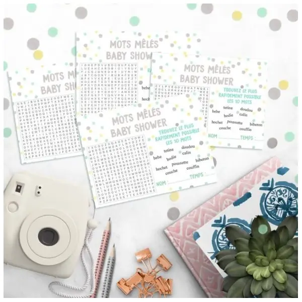 ** A imprimer ** Pack cartons de jeu "Prédictions sur la naissance" + "Mots mêlés"