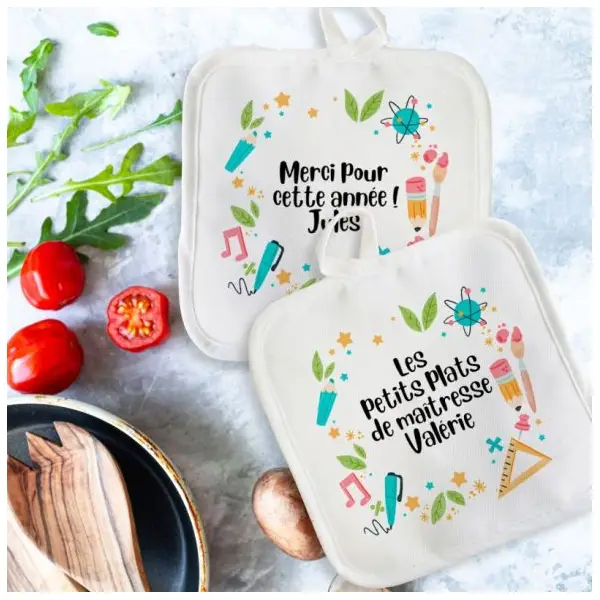 Duo Maniques personnalisées de cuisine pour Super maître / maîtresse / atsem