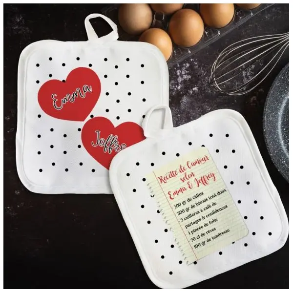 Duo de maniques personnalisées de cuisine pour amoureux(ses)