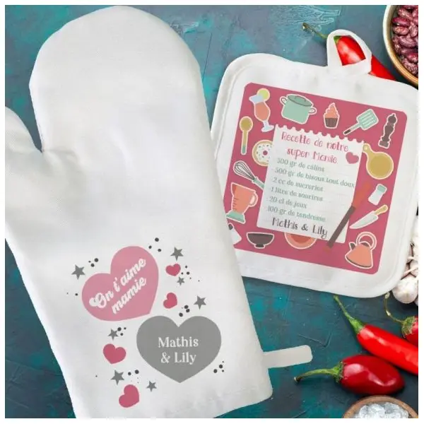 Duo Manique / gant personnalisés de cuisine pour Super Mamie / Tata / Marraine