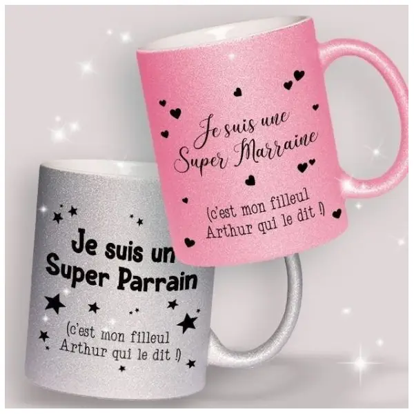 Mug pailleté personnalisable recto pour demande au parrain / marraine