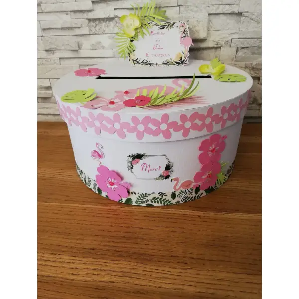 Urne ronde pour mariage , baptême , anniversaire thème flamand rose