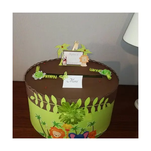 Urne thème animaux de la jungle pour baptême ou anniversaire