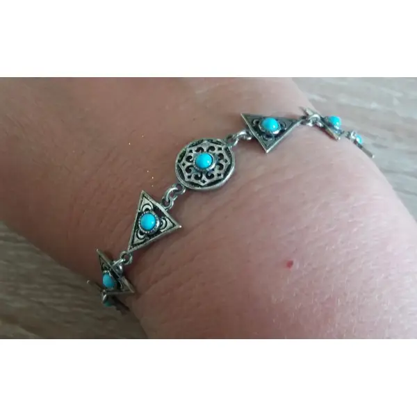 Bracelet arménien en argent sterling avec liens triangulaires et turquoises