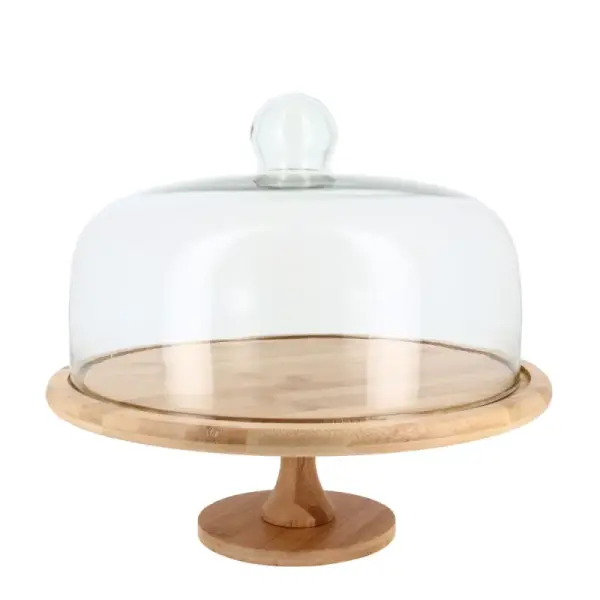 Présentoir gâteau pied en bois et cloche en verre Ø 28 cm