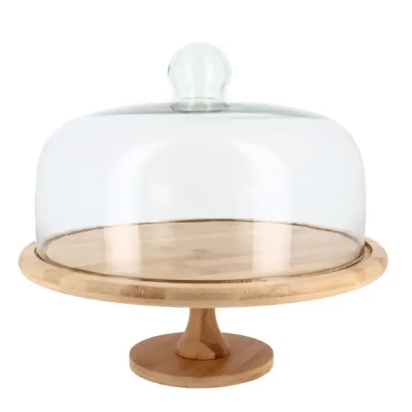 Présentoir gâteau pied en bois et cloche en verre Ø 31 cm