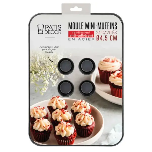 Moule 24 mini-muffins en acier antiadhérent sans PFAS Ø4,5cm