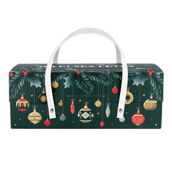 Boîte à bûche motifs boules de Noël avec poignées