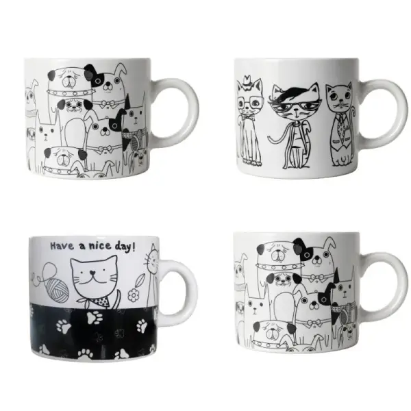 Lot de 4 tasses assorties thème "Chats et Chiens"